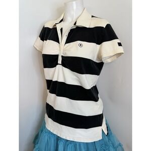 Vtg Converse One Star L Fits Med Blk Cream Stripe Cotton Knit Polo Shirt Top EUC